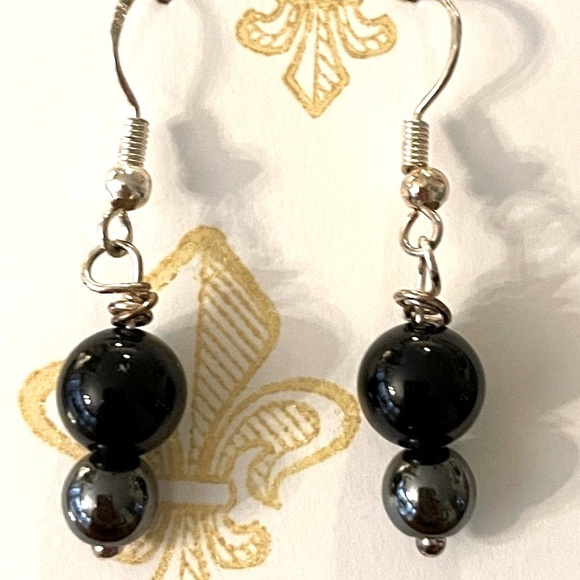 𝅺Genuine Silver Earrings Handmade Onyx & Hematite Beads Chic Modern - Picture 4 of 7